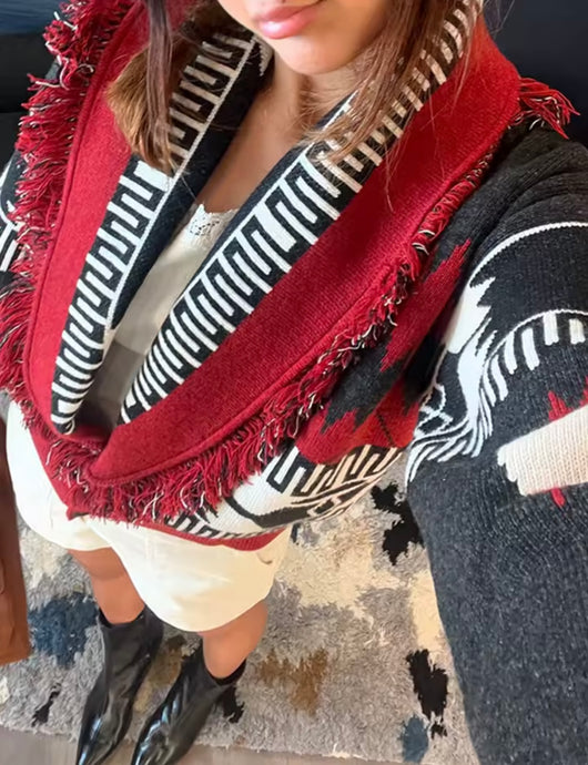 Boho Fringe Knit Cardy Red