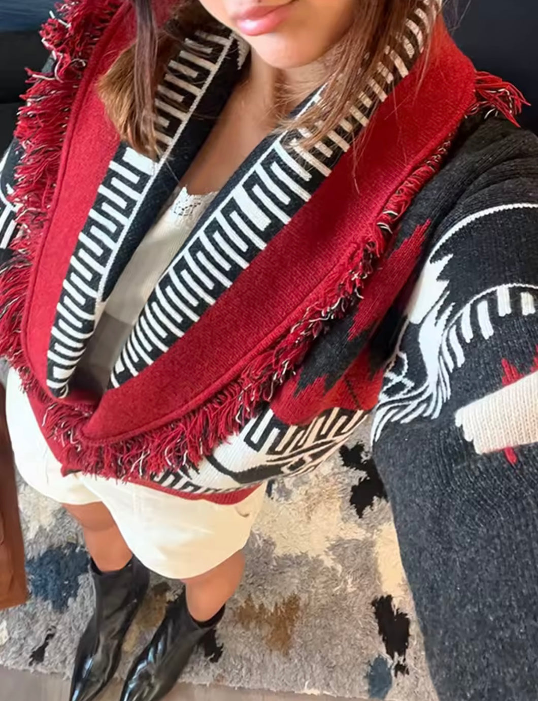 Boho Fringe Knit Cardy Red