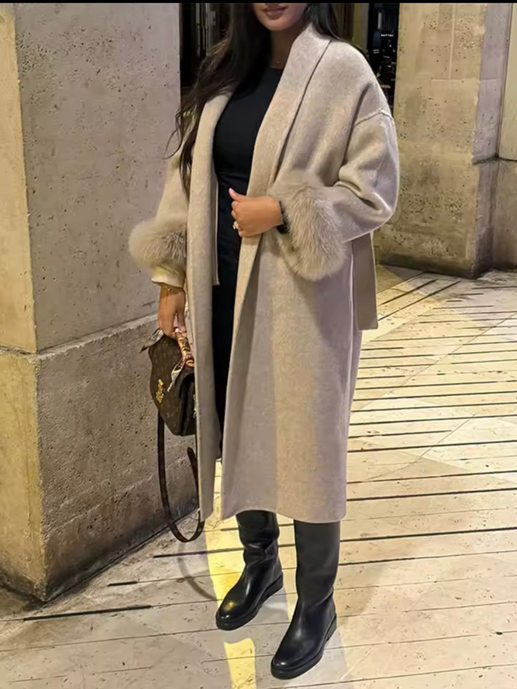 Luxe Fur Cuff Coat Oat - Pearl Boutique