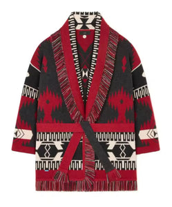Aztec Fringe Belted Cardigan – Red & Black