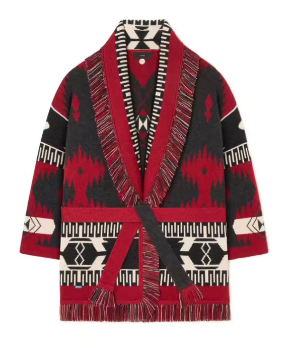 Aztec Fringe Belted Cardigan – Red & Black