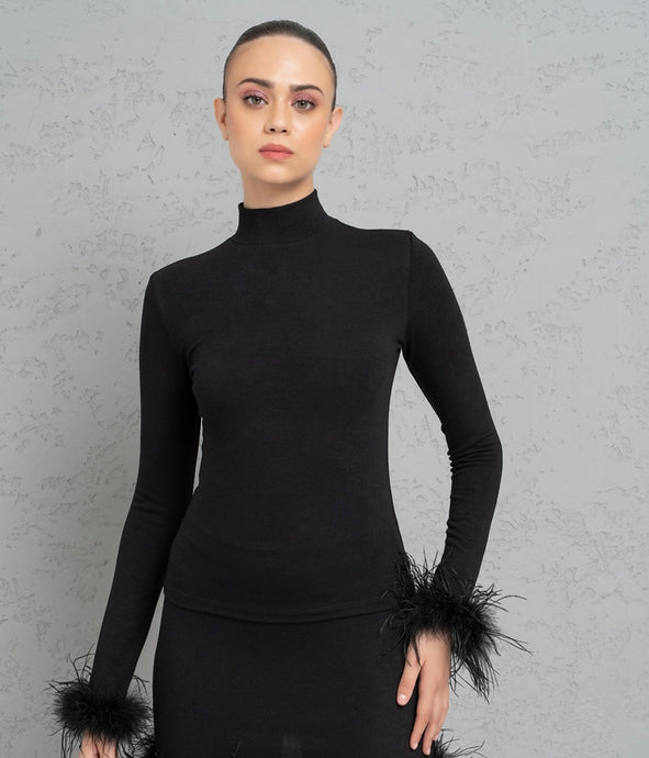 Feather Cuff Turtleneck Top - Pearl Boutique