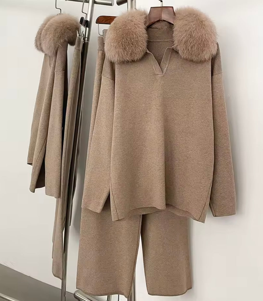 Real Fox Fur Collar Tracksuit Biscuit