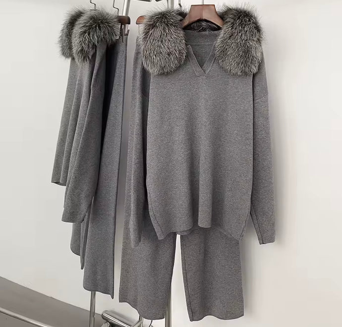 Real Fox Fur Collar Tracksuit Silver Fox
