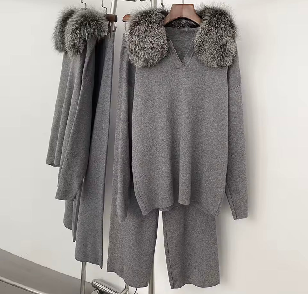 Real Fox Fur Collar Tracksuit Silver Fox