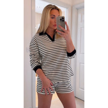Load image into Gallery viewer, Black Stripe Collared Long Sleeve Top and Drawstring Shorts Set - Pearl Boutique